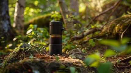 Obraz premium Imagine a coffee machine designed for travelers, compact enough to fit in a backpack yet capable of brewing quality coffee anywhere.