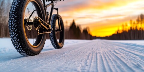 Close-up of a mountain bike on a winter road in a forest at sunset