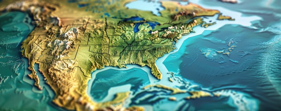 Topographic map showcasing diverse North American terrain.