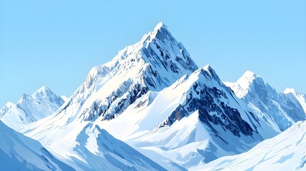 Fototapeta premium Dramatic images of snow-covered mountain peaks against clear blue skies, emphasizing the majesty of winter landscapes. Suitable for winter sports ads and travel brochures.