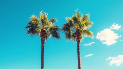 Two palm trees stand tall against a bright blue sky with fluffy white clouds.