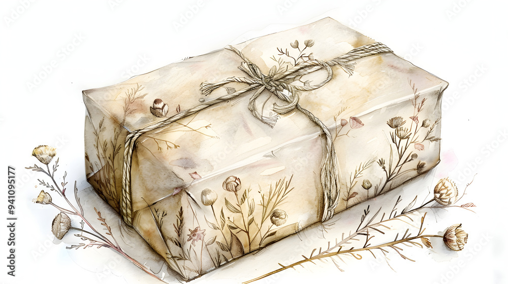 Wall mural Boho Christmas gift box wrapped with twine and dried flowers, watercolor illustration isolated on white background