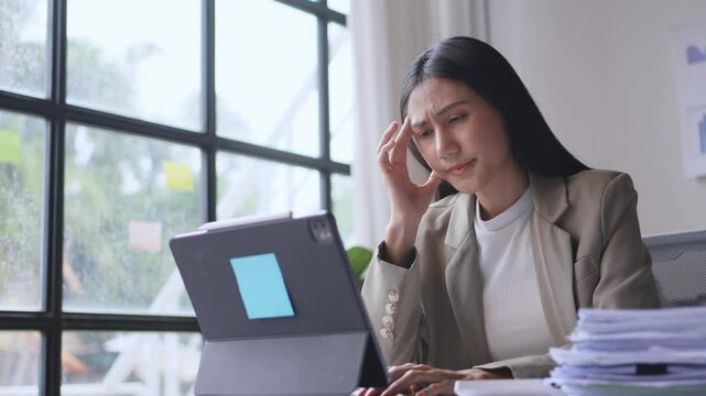 Businesswoman is working on a tablet at her desk and develops a headache. She is shown massaging her temples and looking increasingly distressed