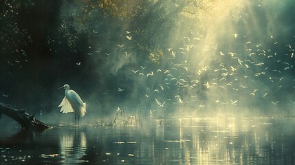 Serene Heron in Misty Sunrise