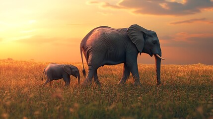 Naklejka premium An adult elephant leads a calf across a savanna at sunset.