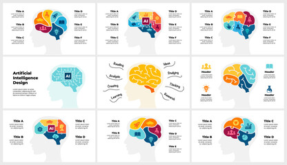 Artificial Intelligence Infographics. Human Head. Brain logo. Medicine Circle Diagram. Machine Digital Knowledge. Deep Learning. AI Technology. Education design. Chip Neural Network. Mental Health. 