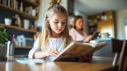 Young girl reading a book at a kitchen table with an adult in the background.