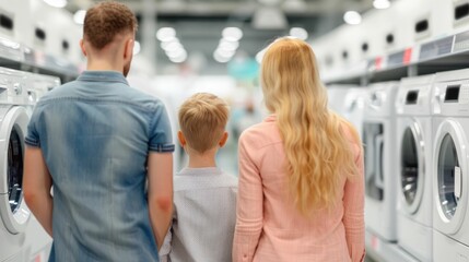 Family of three carefully examining and comparing prices of various appliances at a department store budgeting and planning their home electronics purchases