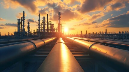 Pipeline and pipe rack of petroleum industrial plant with sunset sky background 