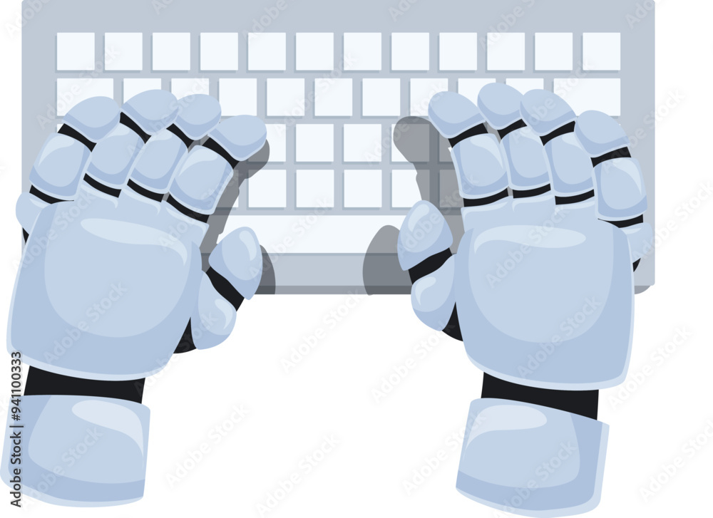 Poster robot hands typing on a keyboard, artificial intelligence working on a computer