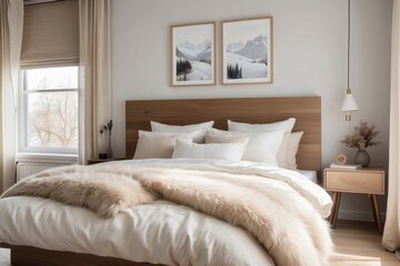 Modern Bedroom with Wooden Headboard and Fur Throw