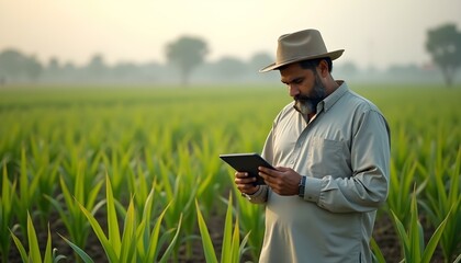 Obraz premium Pakistani farmer working in the rice field. Man is examining and using digital tablet to management, planning or analyze on tobacco plant after planting. Technology for agriculture Concept