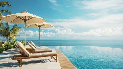 Obraz premium Relaxing by the pool during summer vacation, with a veranda equipped with deck chairs and an umbrella, all overlooking the ocean