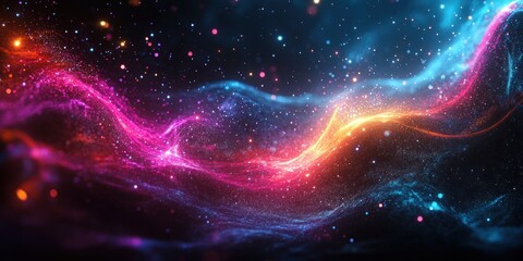 Obraz premium Abstract Neon Waves and Glittering Particles in Dark Space