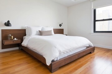 Modern Bedroom with Wooden Bed Frame and Floating Nightstand