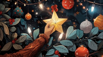 Hand decorating a Christmas tree with a golden star and ornaments, surrounded by festive lights and green leaves in a cozy holiday setting.