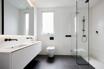 Modern Bathroom with Double Sink, Toilet, and Glass Shower Enclosure