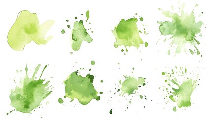 Set of abstract green watercolor water splash on a white background. Vector watercolor texture in salad color. Ink paint brush stain. Green splatters spot. Watercolor pastel splash