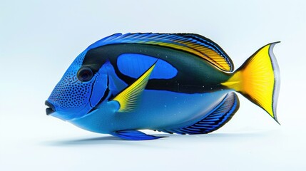 A blue and yellow fish swimming on a clean white surface
