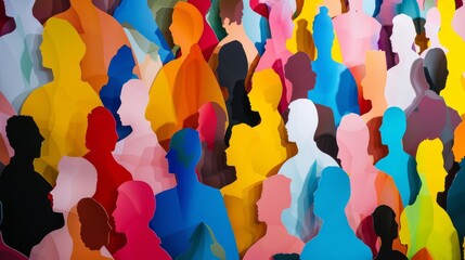 A vibrant illustration of a diverse crowd, highlighting unity and diversity with colorful silhouettes of people.