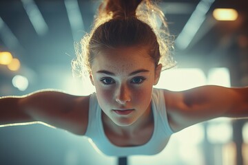 A gymnast performing a flawless flip on the balance beam