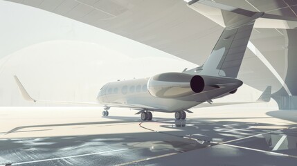 A sleek private jet sits under a futuristic hangar, bathed in soft morning light, ready for its next luxurious adventure.