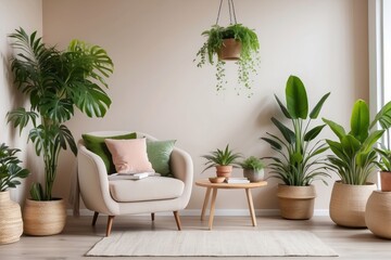 Beige Armchair with Green Plants in a Modern Living Room