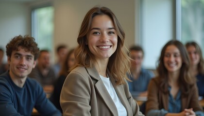 Fototapeta premium Successful female student with group of college students at classroom of university