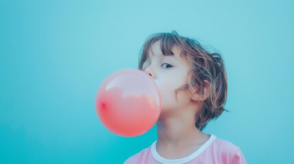 Naklejka premium A young child with short, tousled hair blows a big bubblegum bubble, set against a bright blue background, with a curious, playful gaze.