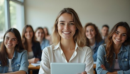 Obraz premium Successful female student with group of college students at classroom of university