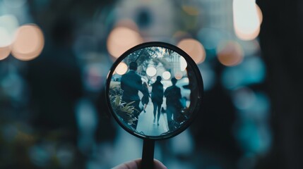 Through a magnifying glass, a busy street scene is brought into focus, highlighting the movement and hustle of urban life amidst a blurred background.