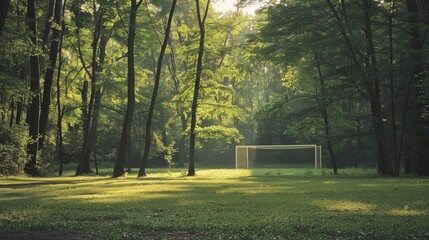 Obraz premium A lone soccer goal stands in the middle of a sun-dappled clearing in a lush forest, evoking a timeless and serene spirit of nature and play.