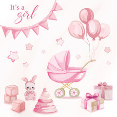 It's a girl pink elements for greeting card Gender party Baby stroller balloons presents toys