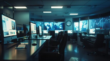 Fototapeta premium A high-tech control room illuminated with multiple screens and workstations, suggesting a hub of activity, monitoring, and technological sophistication.