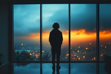 Fototapeta premium A person standing in front of a large window, watching the rain as the day fades into night