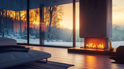 A cozy living room with a roaring fireplace, large glass windows offering a view of a snowy landscape and a golden sunrise.