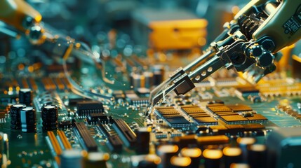 Robotic arms precisely manipulate components on a circuit board, demonstrating advanced automated electronics manufacturing in action.