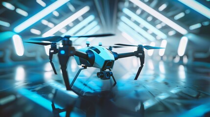 A sophisticated drone hovering in an ultramodern setting, showcasing cutting-edge technology and streamlined design.