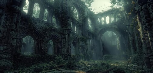 Eerie ruins of an ancient cathedral engulfed by nature, with light filtering through broken arches and overgrown vegetation.
