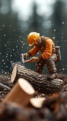 A miniature figure of a lumberjack chopping wood, showcasing determination and focus in a forest environment.