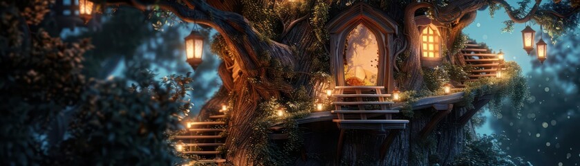 Whimsical treehouse nestled in a magical forest, illuminated by warm lanterns and surrounded by lush greenery.