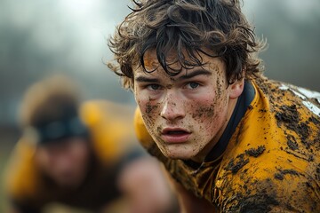 A rugby player charging through the defense, determination etched on their face