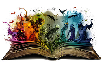 An open book of fairy tales with scary characters.