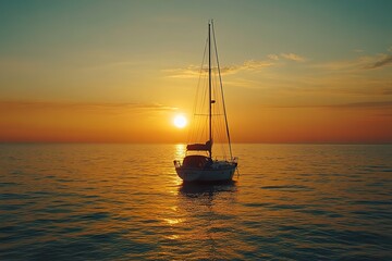 A sailboat anchored near shore, silhouetted against a vibrant sunset
