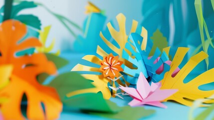 Colorful paper flowers sprout amidst green foliage on a blue backdrop, highlighting a blend of nature and artistic creation.