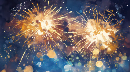 Fototapeta premium Fireworks in the night sky. Watercolor illustration. Stylized cartoon art
