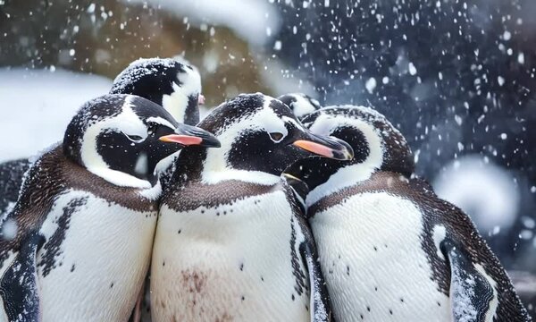 Penguins Huddle Together in the Snow