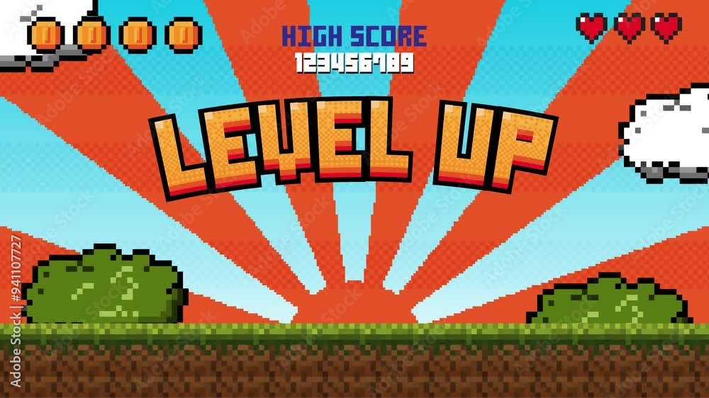 Poster Pixel art game level up press start background.Video game level up background. Retro 8 bit video game interface with You Win text, computer game level up background.	