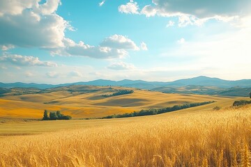 A scenic view of rolling hills with golden summer crops ready for harvest