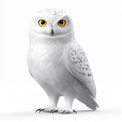 A majestic white owl with striking yellow eyes perched gracefully, showcasing stunning feathers and keen alertness. Isolated on white background.